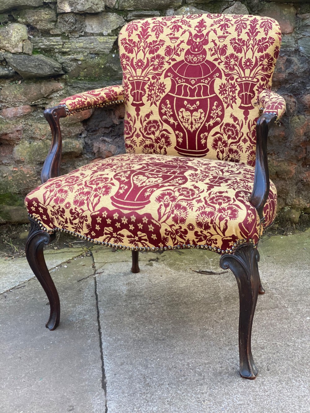 hepplewhite armchair with red and gold coloured fabric