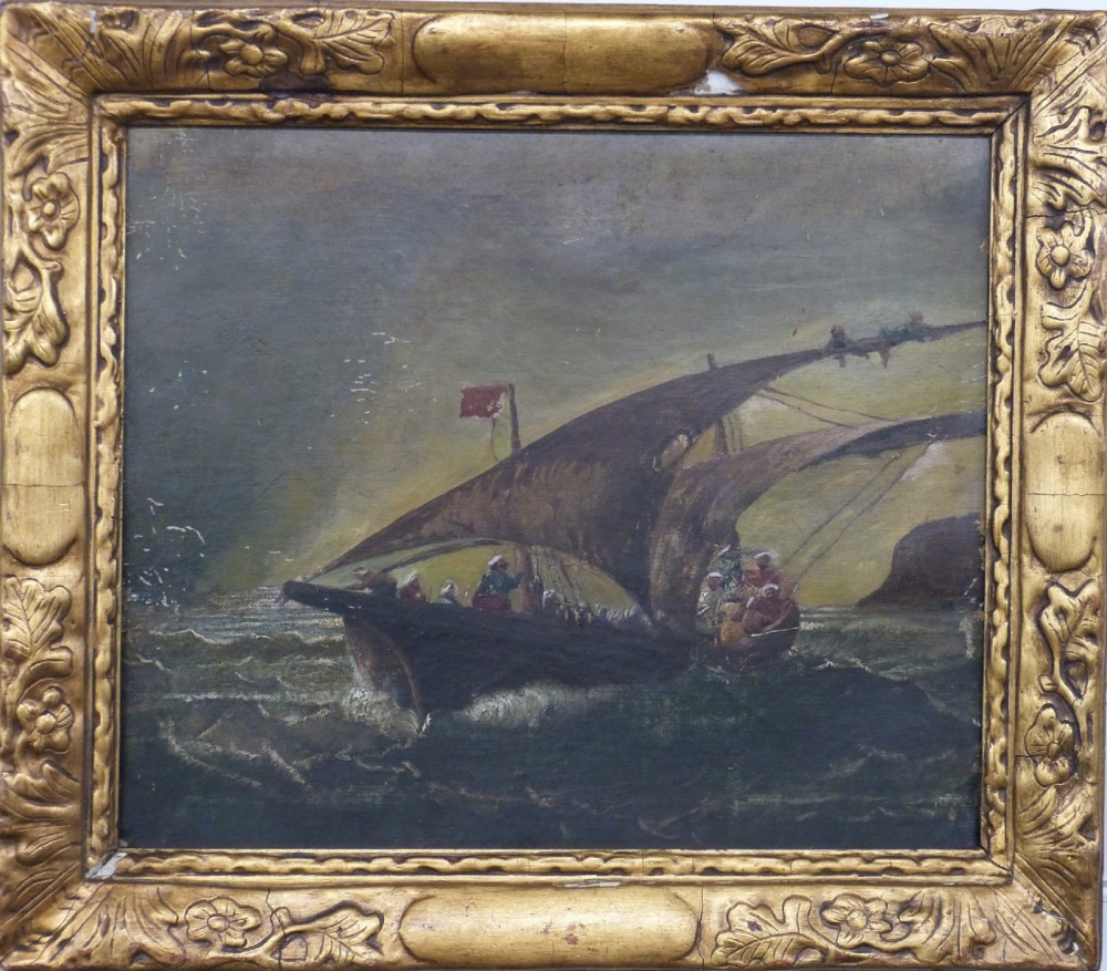 c19th dutch seascape with boat oil on board with gilt frame
