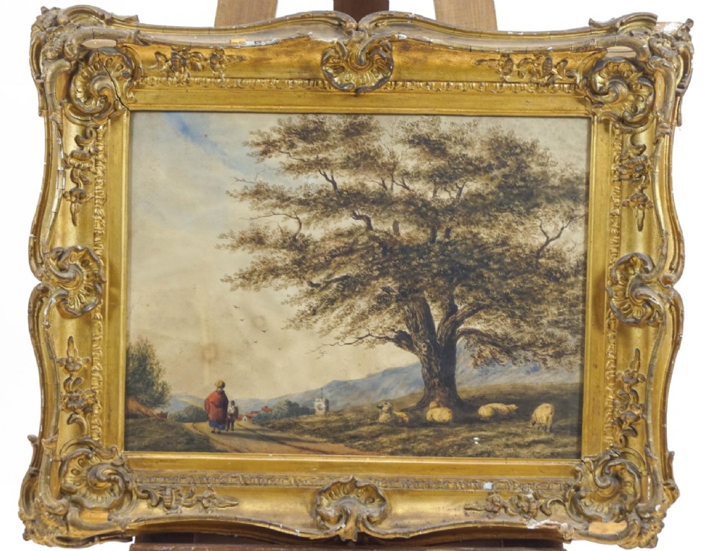 a c19th watercolour of a rural landscape in swept gilded frame