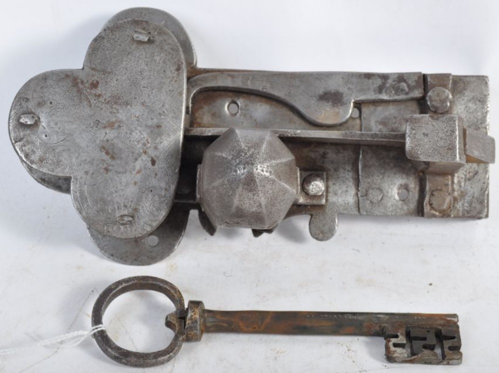 c17th german engraved steel lock and key