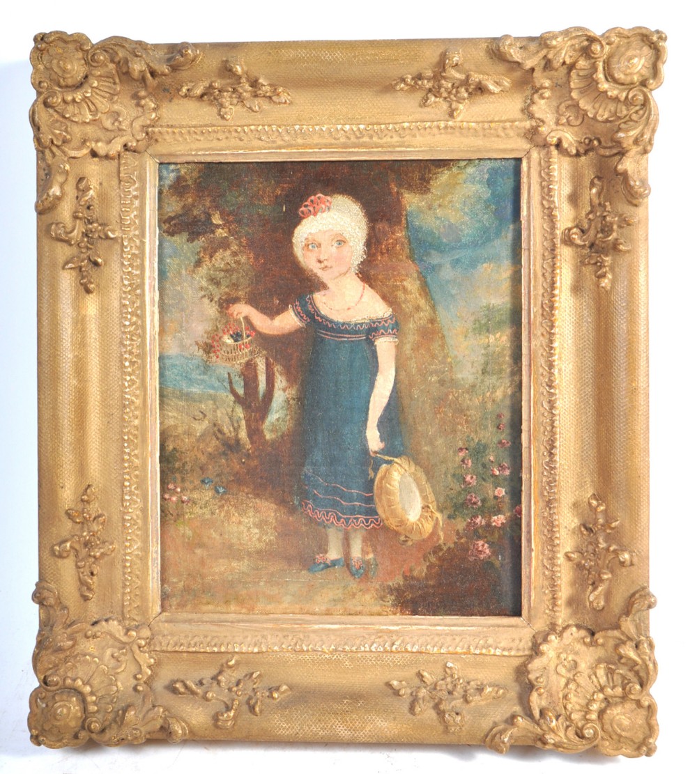 c19th oil on canvas of a young girl in a blue dress
