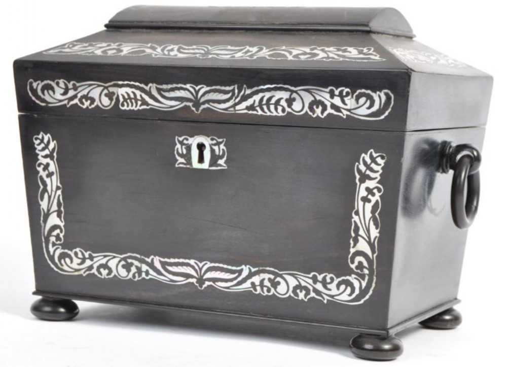 c19th ebony and mother of pearl two division tea caddy