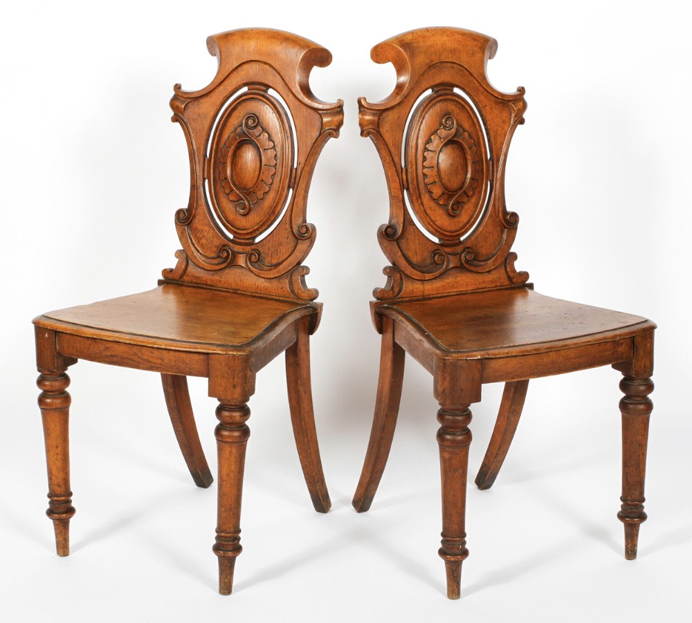 pair of light oak hall chairs