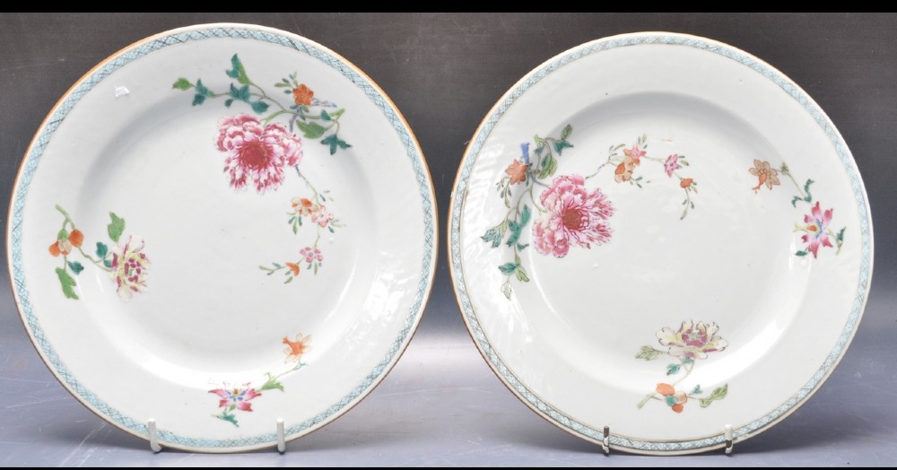 pair of c18th chinese porcelain plates with famille rose decoration