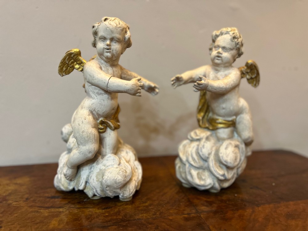c18th pair of carved wood polychrome putti on clouds