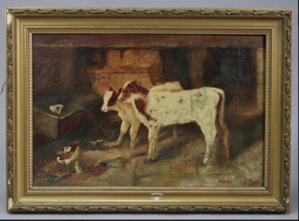 c19th oil painting of a barn scene with two calves