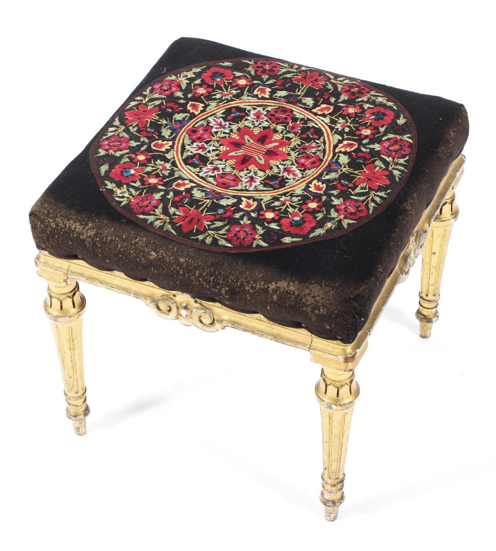 c19th giltwood footstool with embroidered cover