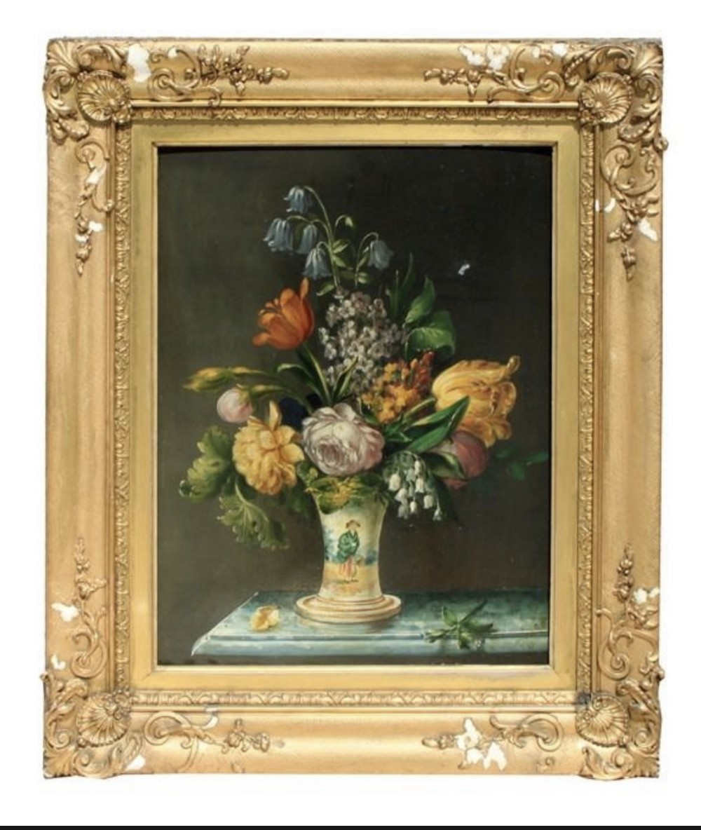 c19th oil on panel of still life of flowers in a chinese vase