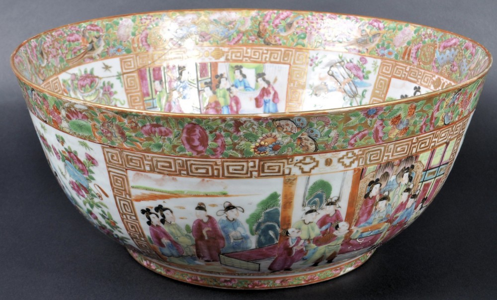 early c19th large cantonese punch bowl damaged and riveted