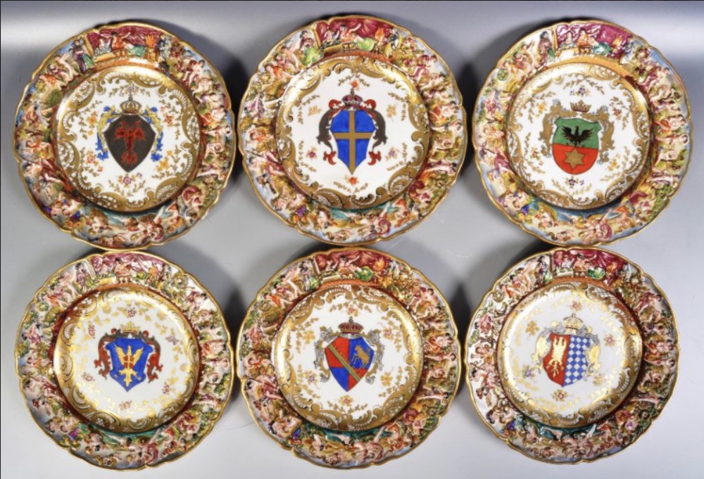 c19th set of six crested naples plates