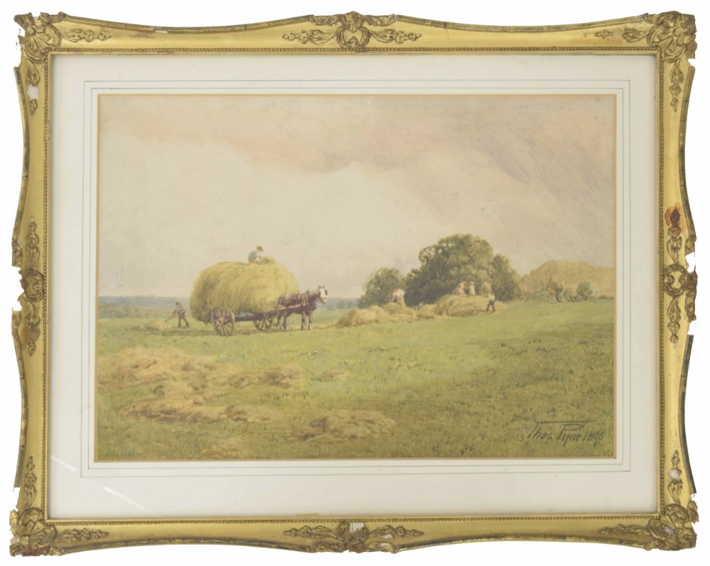 thomas pyne 18431935 watercolour landscape of harvesting scene