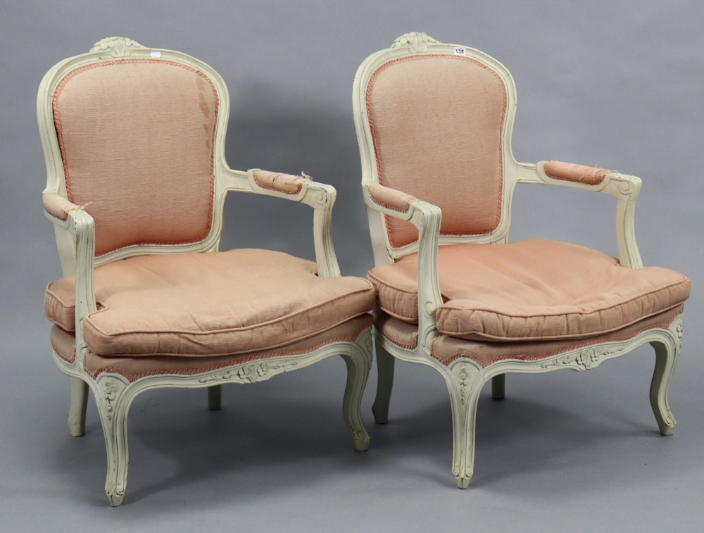 pair of french painted fauteuils or armchairs with upholstery in salmon pink