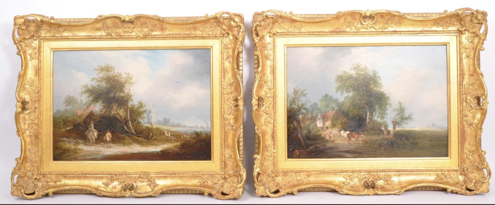 pair of oil paintings by edward williams 17821855 of rural landscapes in swept gilt frames