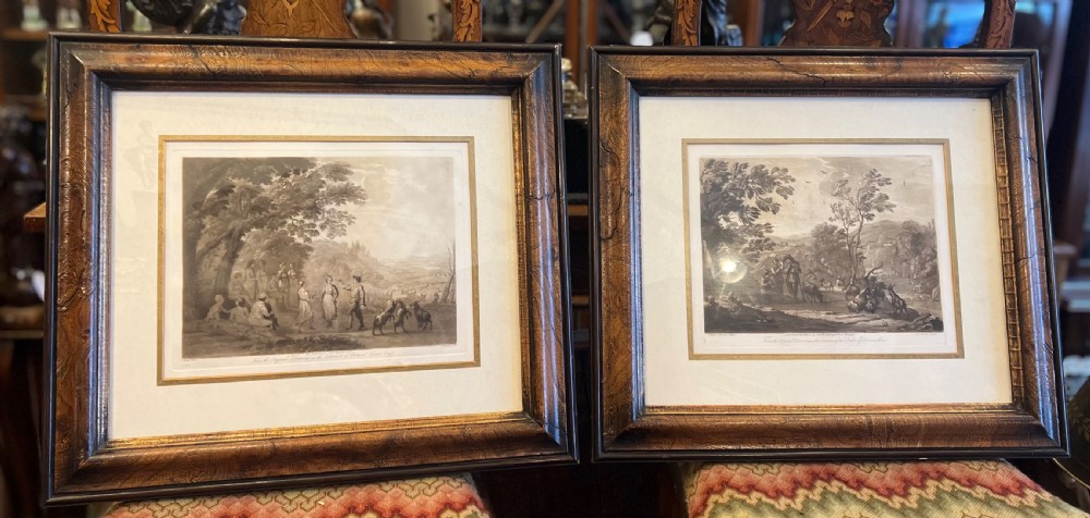 a pair of sepia stipple engravings after claude lorrain