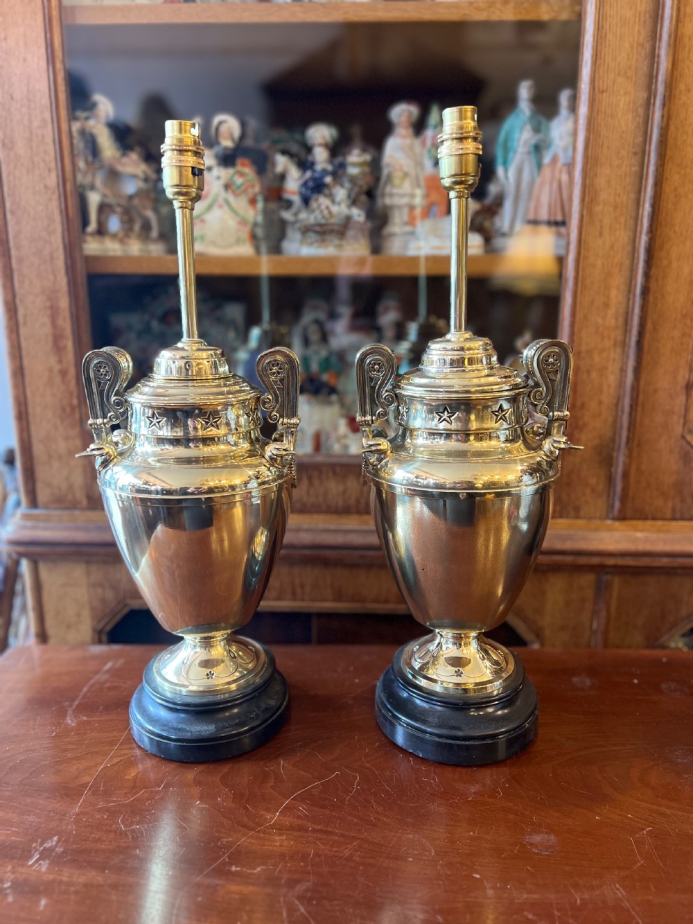 pair of large brass urn table lamps