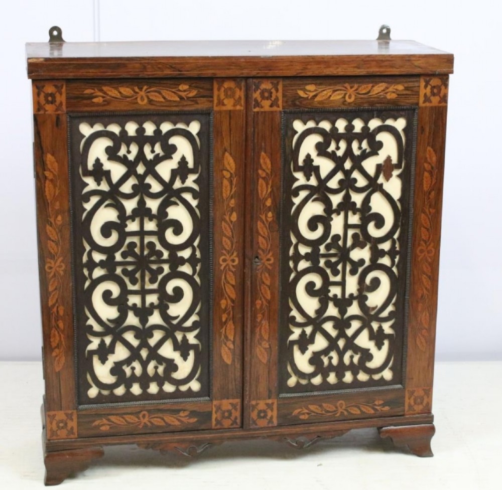 c19th inlaid wall cabinet in rosewood with fretwork doors