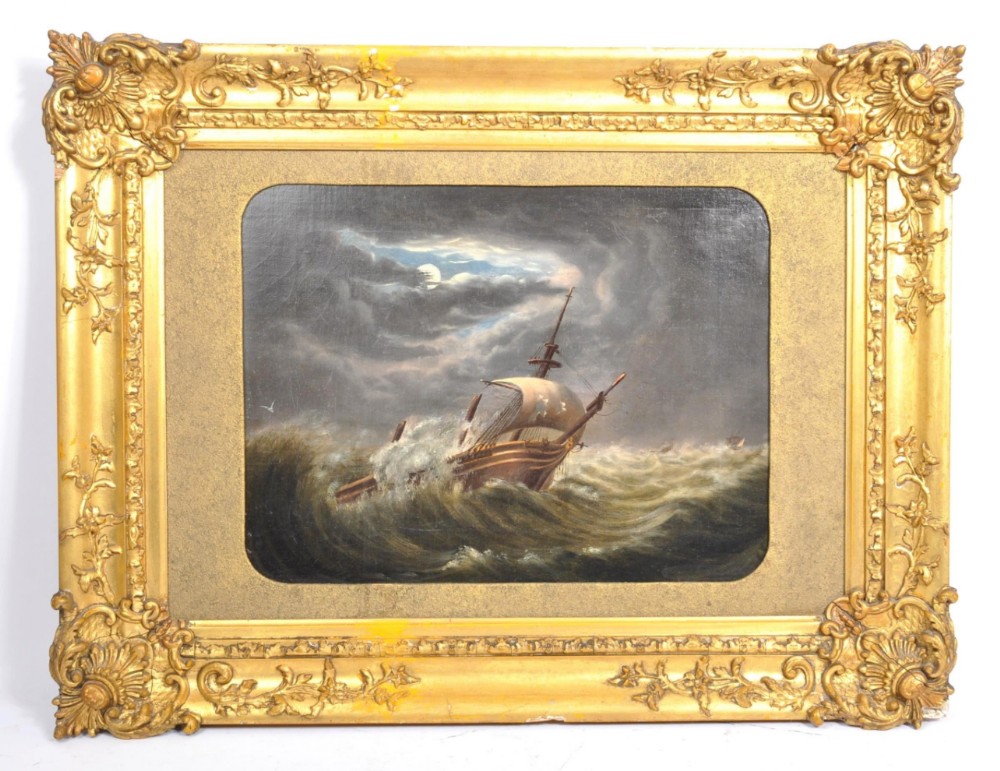 a c19th maritime oil painting on canvas in a gilded and gesso frame