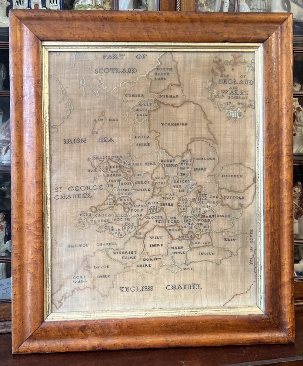 c18th sampler of england and wales on a burr maple frame