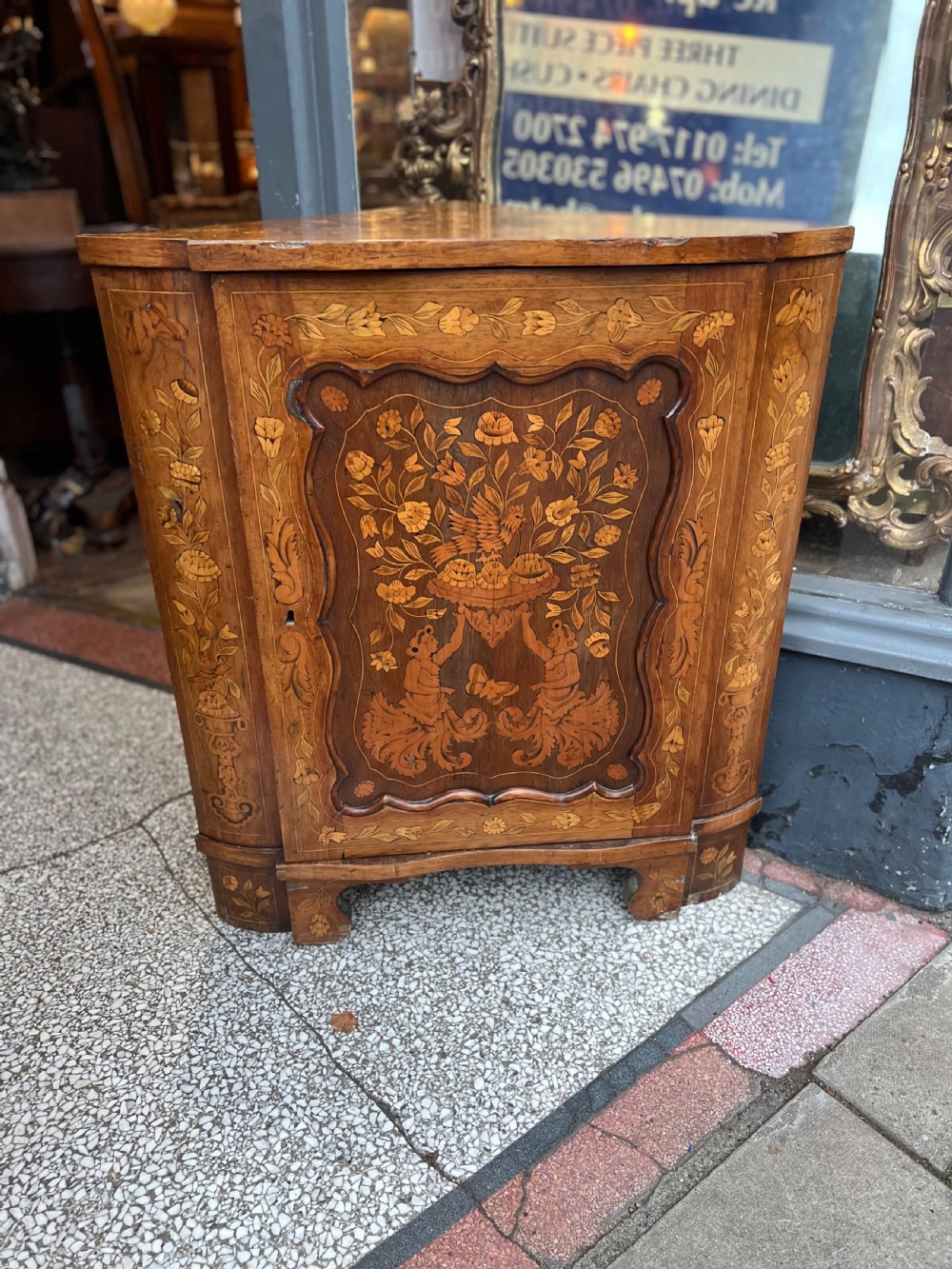 c19th dutch marquetry floor standing corner cupboard