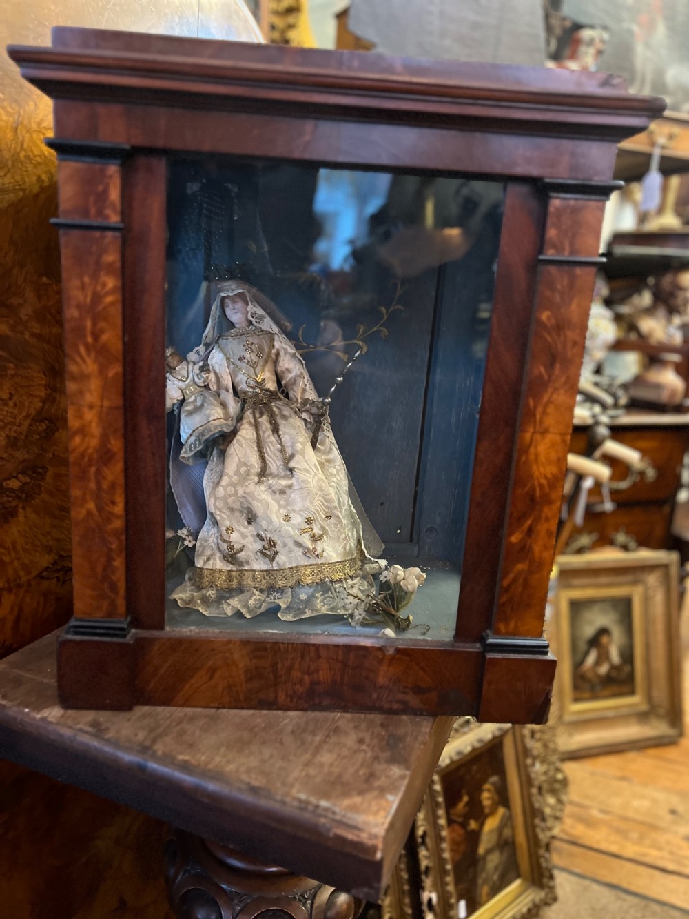 early c19th cased wax figure of madonna and child