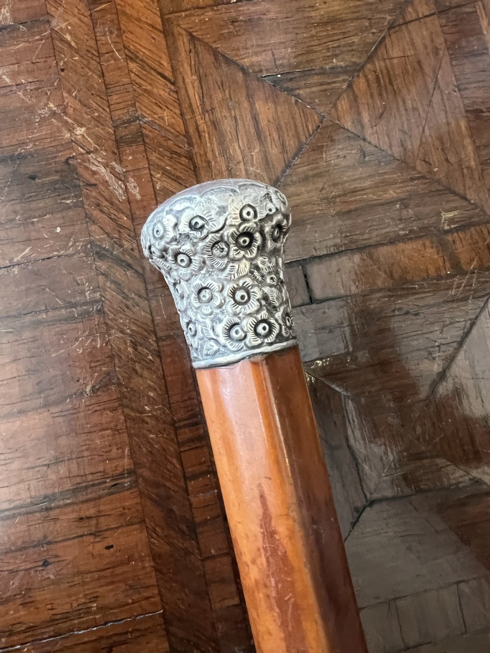 hm silver topped walking cane with mallacca shaft