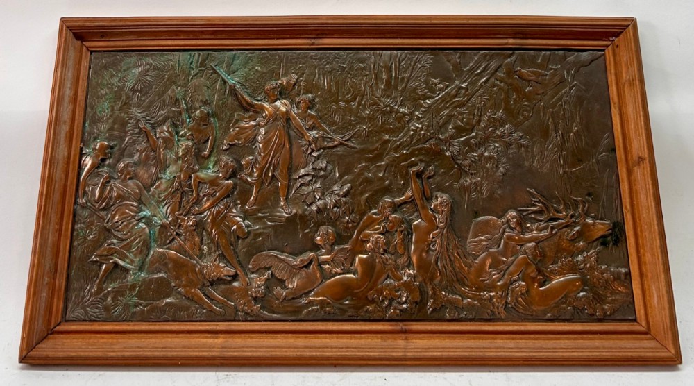 c19th bronzed copper relief showing diana the huntress