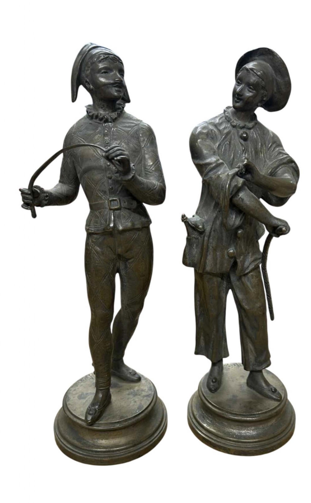 pair of bronze characters from the comedia dell arte plays and stamped charles anfrie french 18331905