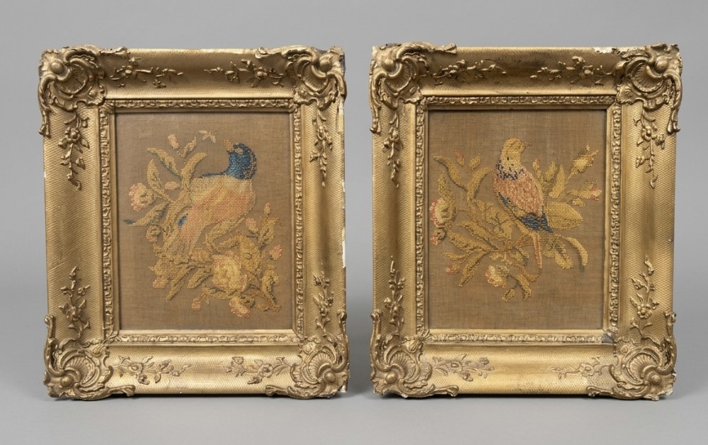 pair of embroideries of birds in gilt frames