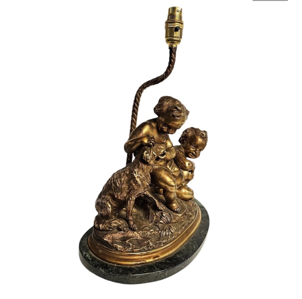 c19th french gilt bronze of cherubs with adog table lamp