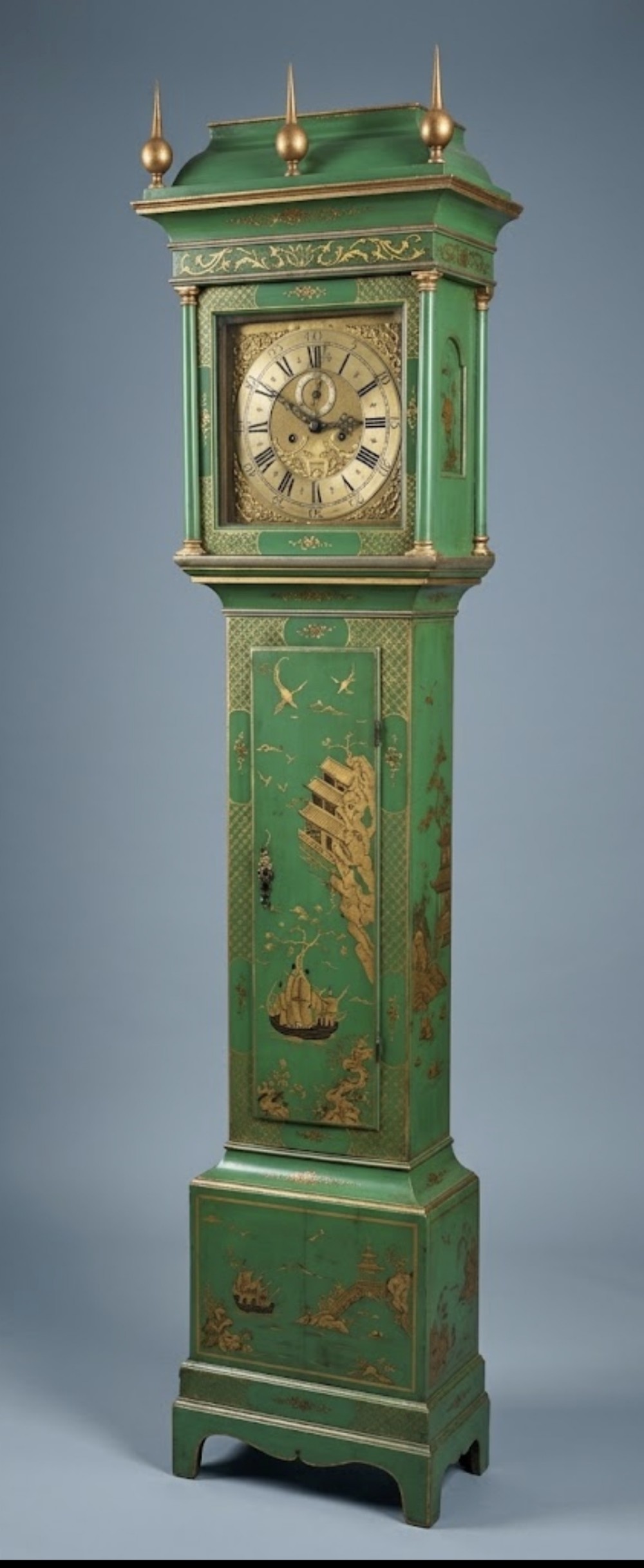 green lacquered chinoiserie longcase clock with brass movement for john fielder of alton