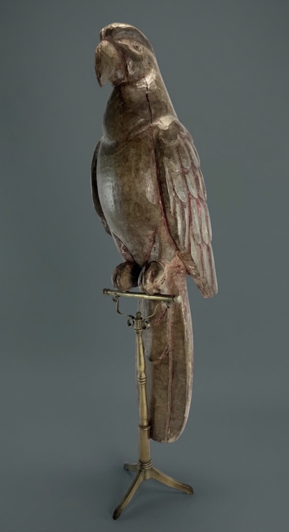 c19th carved wooden parrot on a brass stand