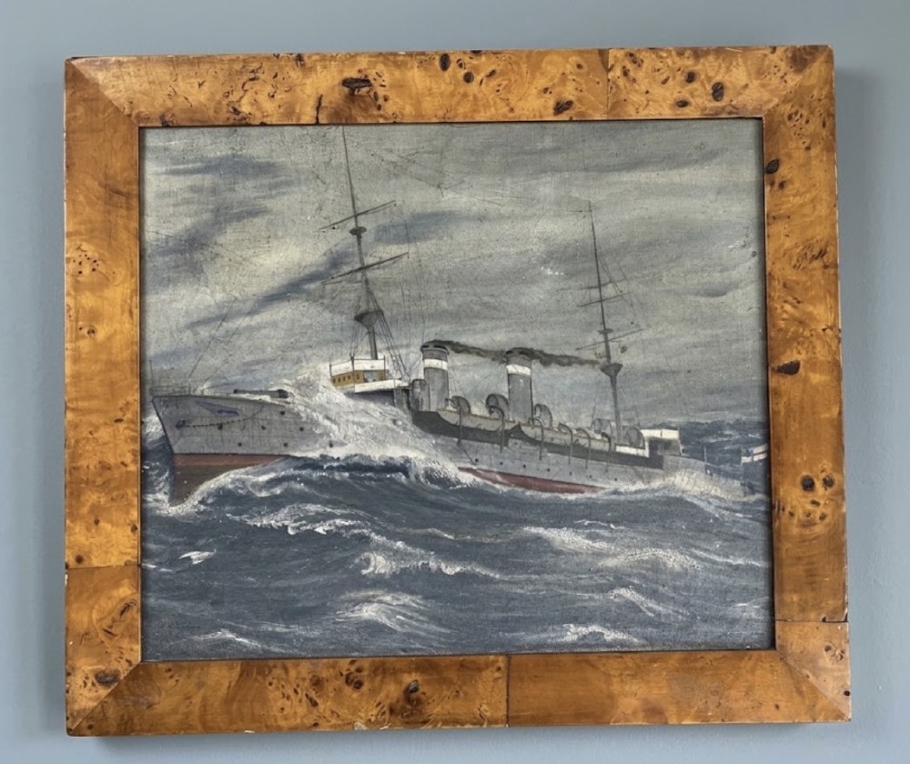 small oil painting seascape showing the cruiser hms blenheim